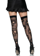 Leg Avenue Sugar Skull Net Thigh Highs OS Black displayed on legs, featuring a bold sugar skull design in black net fabric.