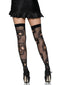 Leg Avenue Sugar Skull Net Thigh Highs OS Black displayed on legs, featuring a bold sugar skull design in black net fabric.
