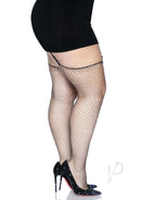 Leg Avenue Rhinestone Fishnet Stockings 1X/2X Black on model, showcasing a glamorous look with stylish heels.