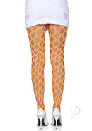 Leg Avenue Jumbo Pothole Net Tights OS Neon Orange worn with a white mini skirt and high heels.