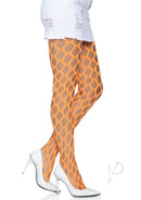 Leg Avenue Jumbo Pothole Net Tights OS Neon Orange showcased on model wearing white heels.
