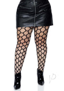 Leg Avenue Jumbo Pothole Net Tights 1X/2X Black on model wearing a black leather skirt and boots.
