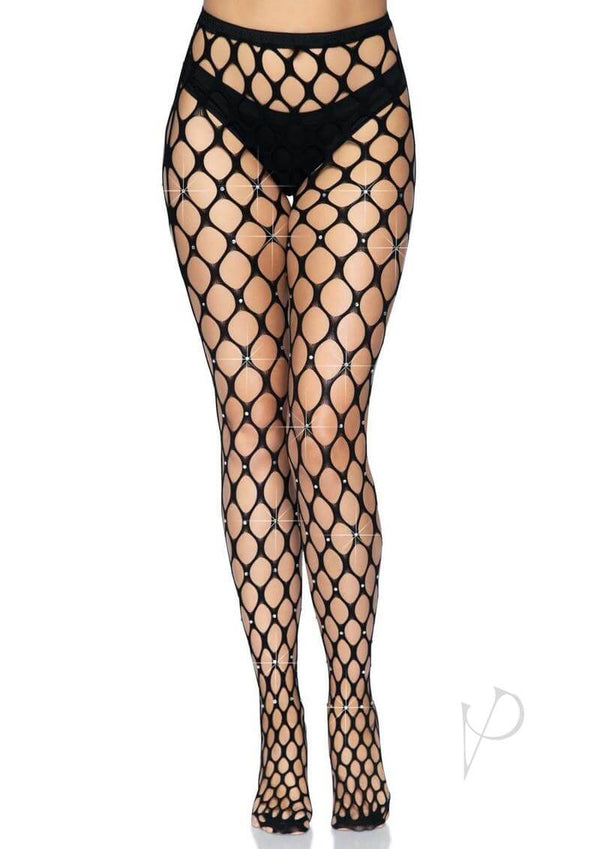 Leg Avenue rhinestone jumbo pothole net tights in black, featuring a stylish pattern and comfortable waistband.