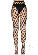 Leg Avenue black jumbo pothole net tights featuring hand-laid rhinestones and comfort stretch waistband, rear view.