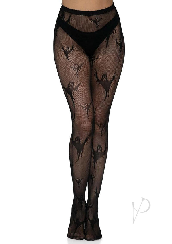 Spooky Ghost Fishnet Tights Os Black-0