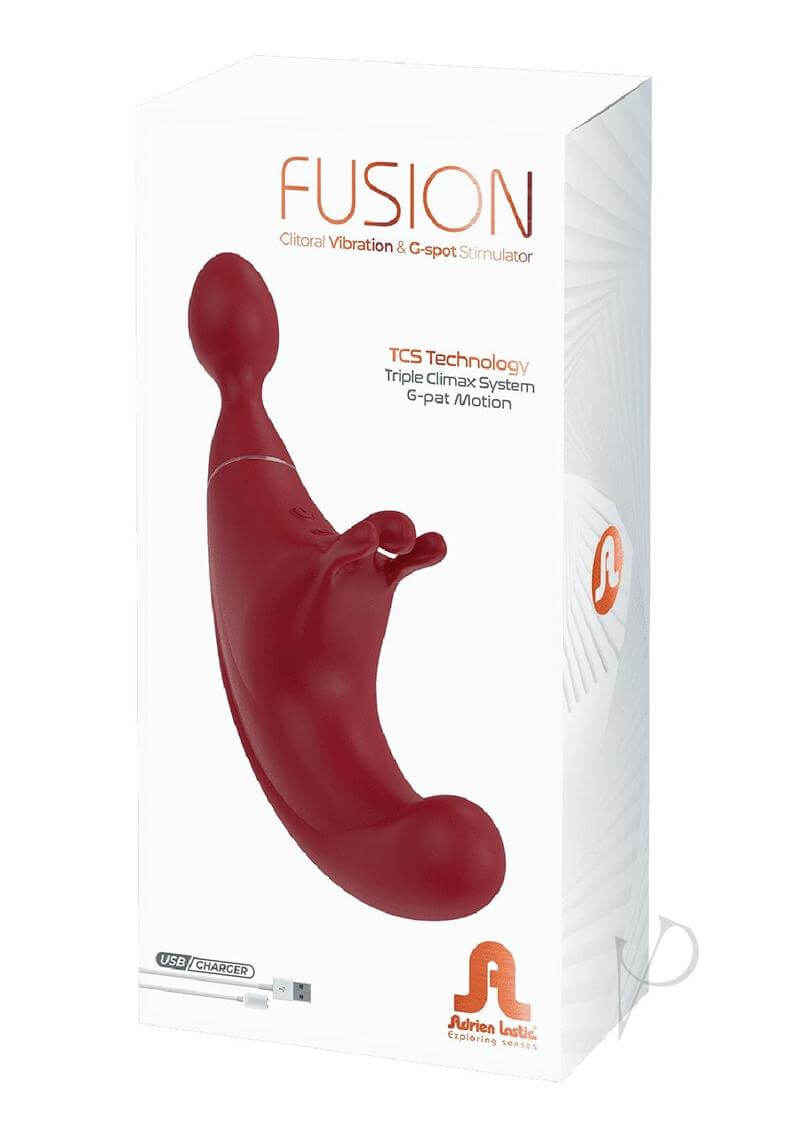 Fusion Red Triple Stimulation Vibrator with G-spot and clitoral stimulation features in sleek packaging.