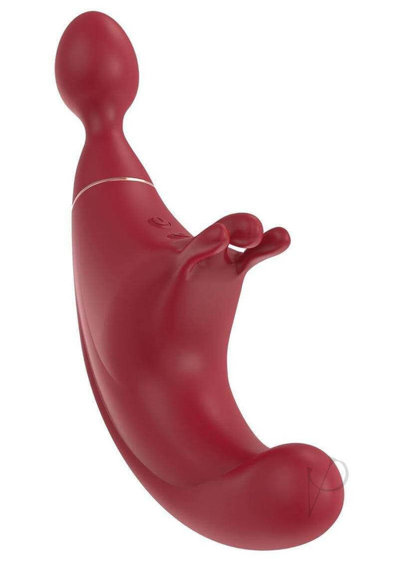 Fusion Red triple stimulation vibrator showcasing sleek design with 9 vibration intensities and 7 pulsation modes.