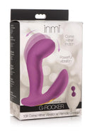 Inmi G-Rocker Come Hither Silicone G-Spot Vibrator Purple packaging showcasing features and remote control.