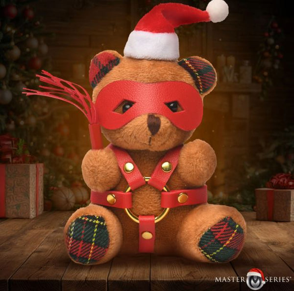 MS Holiday Bondage Gear Keychain Brown plush teddy bear wearing a Santa hat and bondage gear.