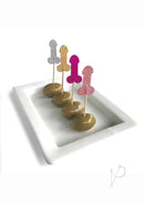 Glitterati Penis Party Picks 24 Pack Assorted Colors displayed on appetizer olives for a fun adult party.