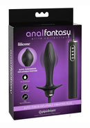 Anal Fantasy Elite Auto-Throb Inflatable Vibrating Plug packaging featuring silicone material and inflatable feature.