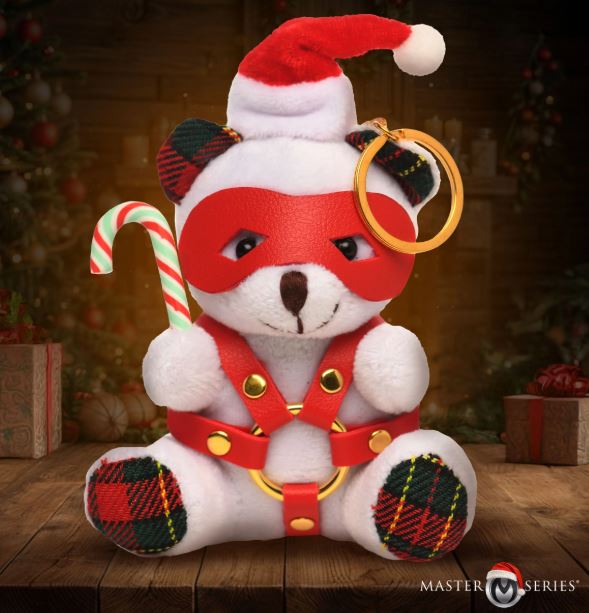 MS Holiday Bondage Gear Keychain White with festive bear in bondage gear and candy cane.