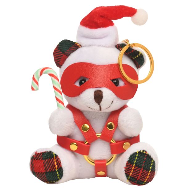 MS Holiday Bondage Gear Keychain White featuring a plush bear in festive gear with a candy cane.