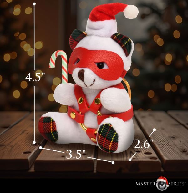 MS Holiday Bondage Gear Keychain White featuring a festive bear in bondage gear with a candy cane.
