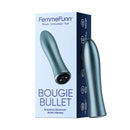 FemmeFunn Bougie Bullet Aluminum Vibrator Light Blue in packaging, showcasing sleek design and advanced vibration technology.