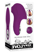 Evolved Sucker For You Silicone Clitoral Stimulator Purple in packaging with 40 orgasmic functions.