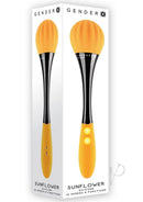 Gender X Sunflower Silicone Dual End Vibrator Yellow Black in packaging, featuring ergonomic design and controls.