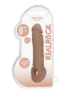 RealRock Realistic Penis Sleeve 8 Inch Caramel packaging featuring flexible design, latex and phthalate free material.