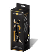 Secret Kisses 7 Inch Double Ended Glass Dildo Black and Gold box packaging showcasing elegant design.