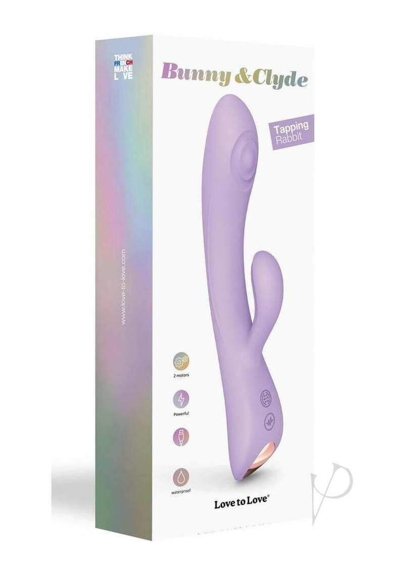 Bunny and Clyde Silicone Rabbit Vibrator Viva Mauve product packaging with elegant design and tapping feature.