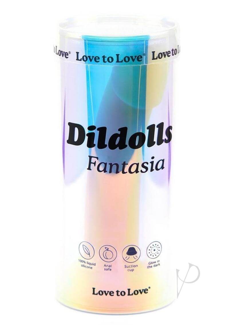 Dildolls Fantasia Silicone Dildo Glow In The Dark packaging with vibrant colors and glossy finish.