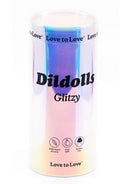 Dildolls Glitzy Silicone Dildo Pink packaging showcasing its colorful design and product details.