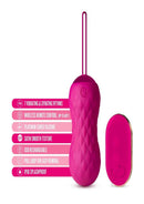 Blush Carina Vibrating Egg with Remote Fuchsia with features and specifications displayed alongside.