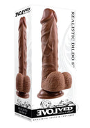 Evolved Realistic Dildo 8 Inch Chocolate packaging featuring realistic design and textures, perfect for lifelike pleasure.