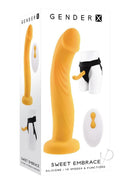 Gender X Sweet Embrace Dual Vibrating Strap-On Yellow Black packaging featuring a silicone dual motor vibrator.