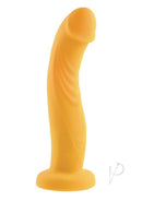 Gender X Sweet Embrace Dual Vibrating Strap-On Yellow Black featuring a curved, textured yellow shaft.