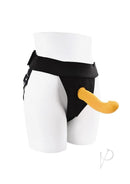 Gender X Sweet Embrace Dual Vibrating Strap-On Yellow Black on a mannequin displaying the harness and vibrant shaft.