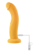 Gender X Sweet Embrace Dual Vibrating Strap-On Yellow Black shown with USB charging cable for convenient use.