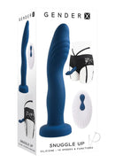 Gender X Snuggle Up Dual Vibrating Strap-On Blue Black packaging with silicone vibe and harness design.