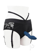 Gender X Snuggle Up Dual Vibrating Strap-On Blue Black with lace harness and silicone vibe displayed on a mannequin.