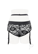 Gender X Snuggle Up Dual Vibrating Strap-On Blue Black lace booty-short harness with garter straps.
