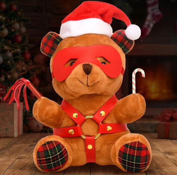 MS Holiday Bear Brown in Santa hat with flannel accents and playful accessories, perfect for holiday cheer.