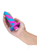 Avant Vibrotize Silicone Anal Plug Fuchsia/Turquoise held in hand, showcasing its stylish and modern design.