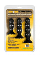 Boneyard Bangers Weighted Butt Plug Training Kit Black featuring three graduated plugs with weighted inner balls.