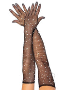 Leg Avenue Rhinestone Fishnet Opera Length Gloves Black displayed on hands, showcasing fishnet design and rhinestone accents.