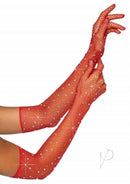Leg Avenue Rhinestone Fishnet Opera Length Gloves Red showcasing sparkling rhinestones on bold red fishnet design.