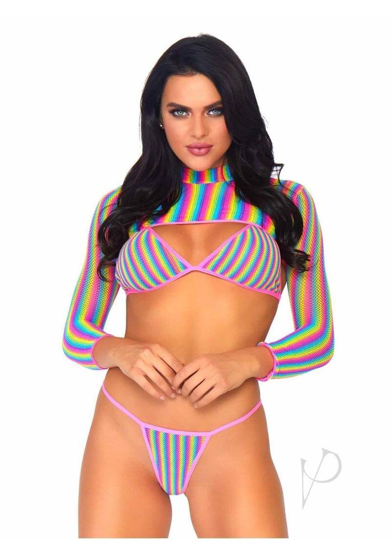 Rainbow Fishnet Bikini 3pc Set Os-0