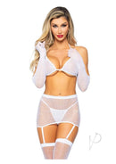 Leg Avenue Rhinestone Fishnet Garter Skirt Set White worn by a model showcasing the glamorous ensemble with fishnet and rhinestones.