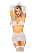 Leg Avenue Rhinestone Fishnet Garter Skirt Set White featuring a model in a glamorous fishnet ensemble.