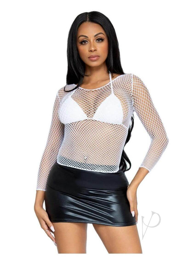 Leg Avenue Spandex Long Sleeved Industrial Net shirt OS White worn with a mini skirt, showcasing a stylish fishnet design.