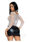 Leg Avenue Spandex Long Sleeved Industrial Net shirt OS White worn by a model with a black skirt.