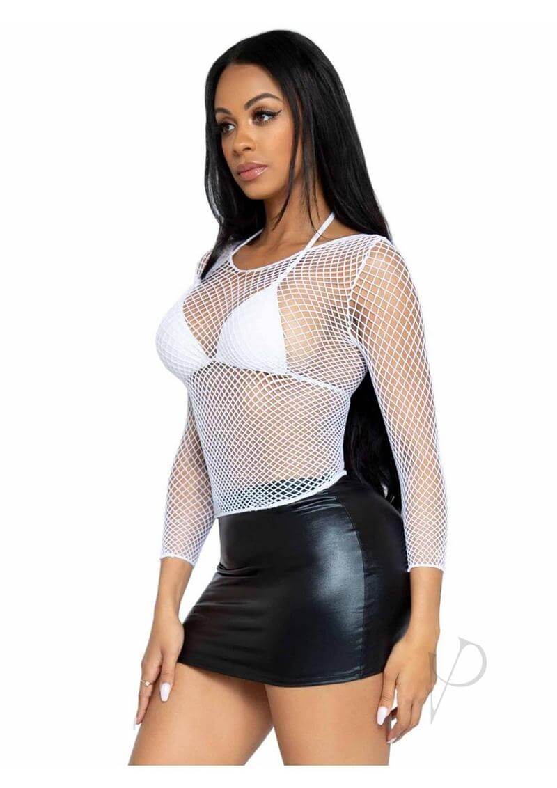Model wearing Leg Avenue Spandex Long Sleeved Industrial Net shirt OS White with a black skirt.