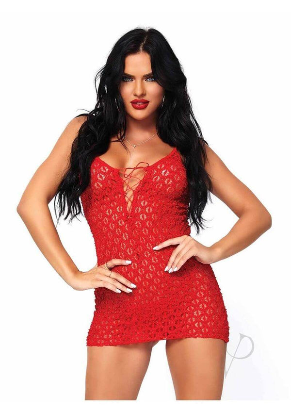 Leg Avenue Mini Dress with Lace Up Front and G String OS Red, revealing red lace mini dress highlighting curves.