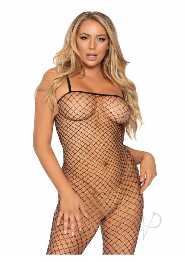 Leg Avenue Lycra Industrial Fishnet Bodystocking OS Black worn by a model, showcasing its flattering fishnet design.