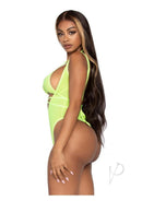 Leg Avenue Rhinestone Mesh Bikini Top and Bodysuit Yellow side view model wearing neon yellow outfit