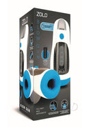 Zolo Blow Gun Rechargeable Silicone Masturbator White/Blue packaging, showcasing adjustable suction and features.